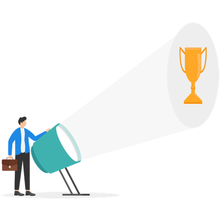 Businessman with flashlight and trophy  Illustration