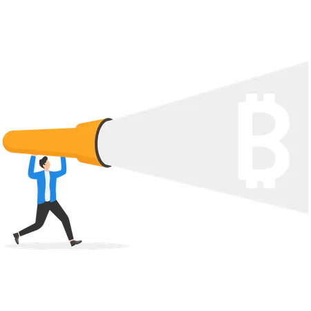 Businessman with flashlight running for bitcoin  Illustration