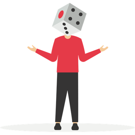 Businessman with folded arms stands with large casino dice instead of his head  Illustration