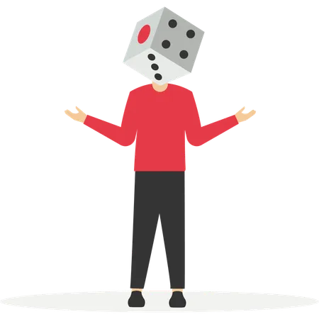 Businessman with folded arms stands with large casino dice instead of his head  Illustration