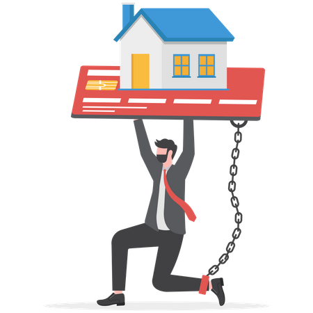 Businessman with foot chained to home credit card debt  Illustration