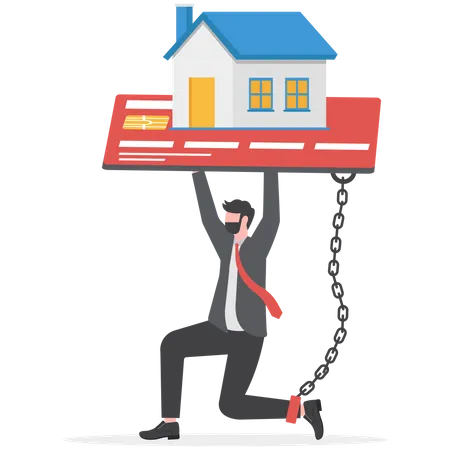 Businessman With Foot Chained To Home Credit Card Debt Concept Illustration