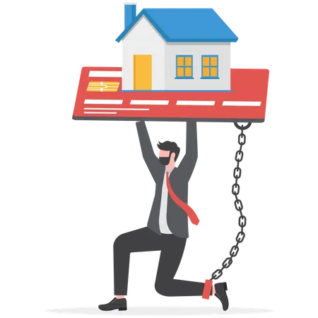 Businessman with foot chained to home credit card debt  Illustration