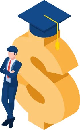 Flat 3 D Isometric Businessman Crossed His Arms And Leaning On Golden Dollar Sign With Graduation Cap Investment In Education Concept Illustration