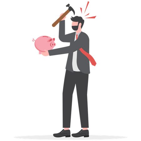 Businessman with hammer in hand is going to break piggy bank and take out the saving  Illustration