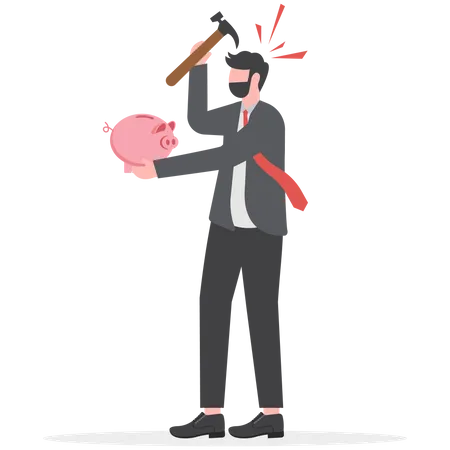 Businessman with hammer in hand is going to break piggy bank and take out the saving  イラスト