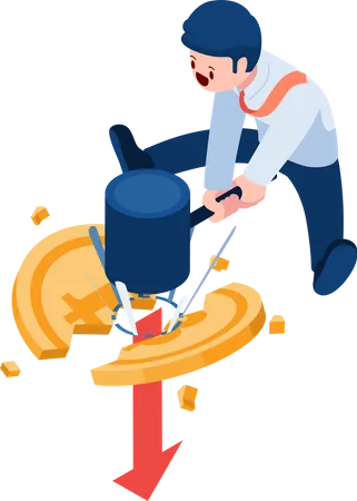 Flat 3 D Isometric Businessman With Hammer Smashing Bitcoin Bitcoin Or Cryptocurrency Market Manipulation And Investment Concept Illustration