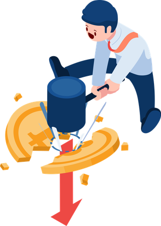 Businessman with Hammer Smashing Bitcoin  Illustration