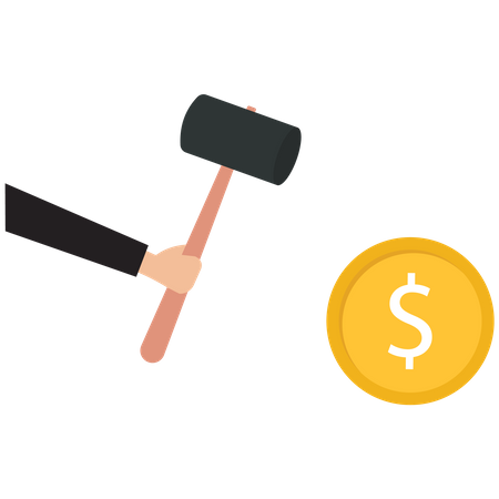 Businessman with hammer smashing US Dollar coin  Illustration