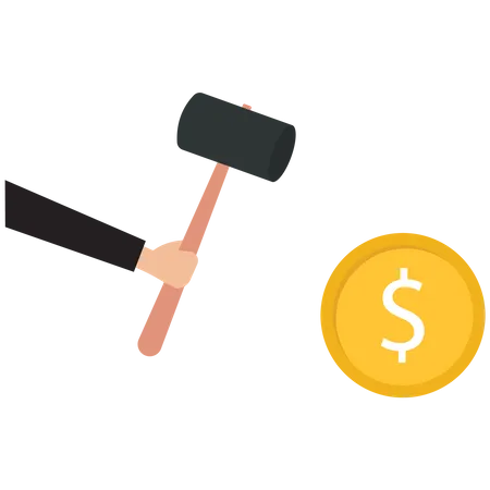 Businessman with hammer smashing US Dollar coin  Illustration