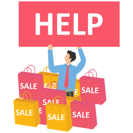 Businessman with help sign in a lot of shopping bag  Illustration