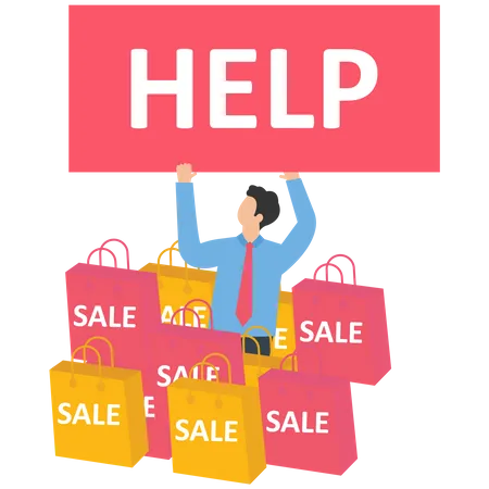 Businessman with help sign in a lot of shopping bag  Illustration
