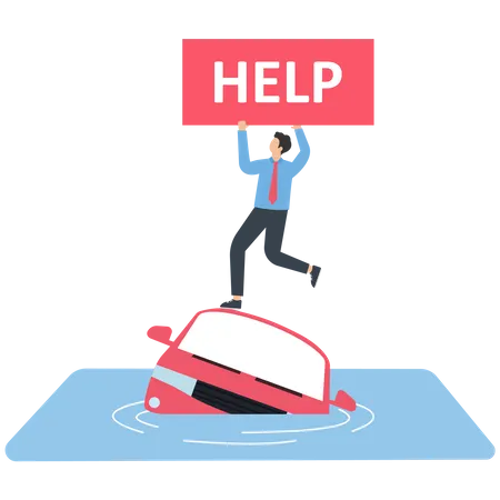 Businessman with help sign stands on a car is going to sink  Illustration