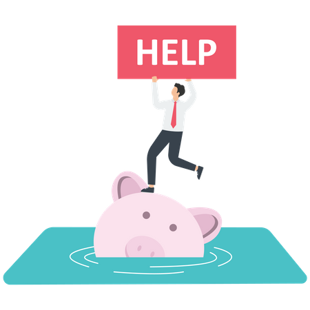 Businessman with help sign stands on a piggy house is going to sink  Illustration