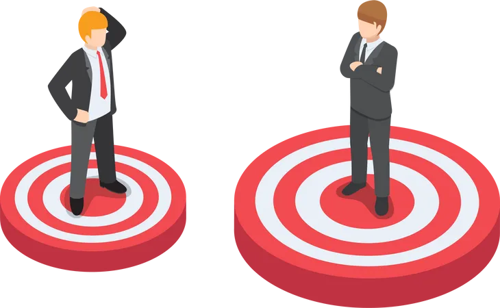Flat 3 D Isometric Businessman Standing On Bigger Target Than His Friend Vision And Business Target Concept Illustration