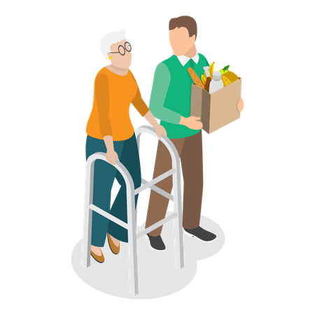 Businessman with his elderly mother coming back from grocery shopping  Illustration