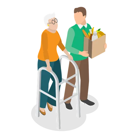 Businessman with his elderly mother coming back from grocery shopping  Illustration