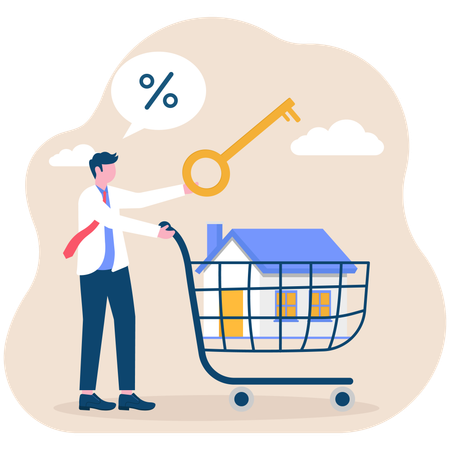 Businessman with house key and new house in shopping cart  Illustration