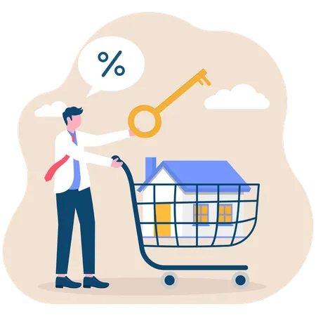 Businessman with house key and new house in shopping cart  Illustration