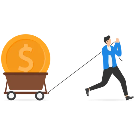Businessman Staggering And Bending Over With A Huge Heavy Gold Coin On His Back Creative Vector Illustration On Financial And Costs Concept Illustration