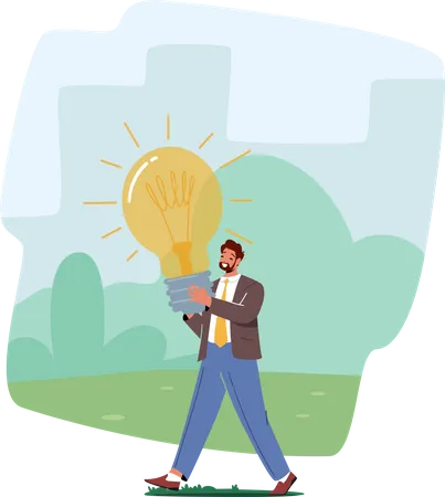 Businessman Character Carry Huge Glowing Light Bulb Concept Of Creative Idea Great Inspiration And Insight For Project Development Start Up Success Education Cartoon People Vector Illustration Illustration