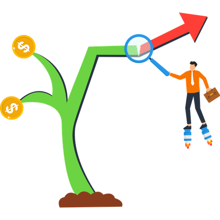 Businessman with Jetpacks Examining Rising Arrow  Illustration