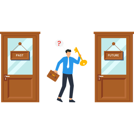Businessman with Key Facing Doors Labeled Past and Future  Illustration