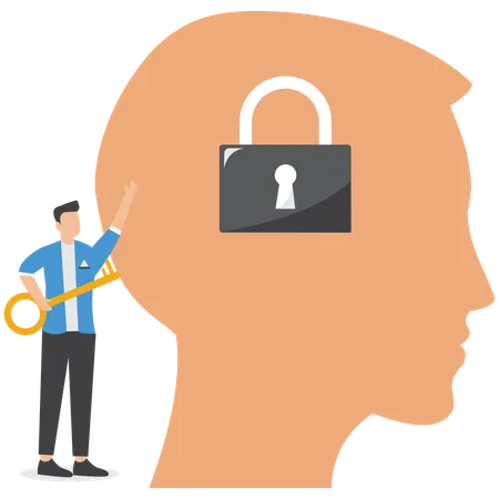 Businessman with key near large head with lock  Illustration