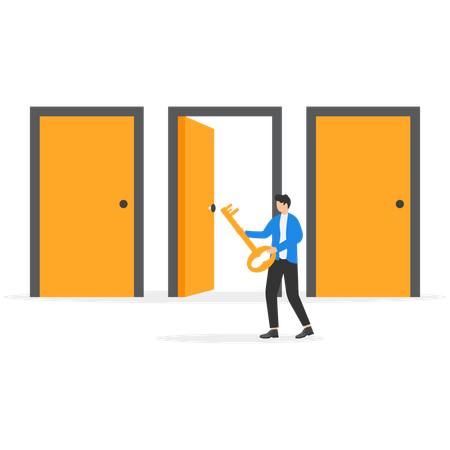 Businessman with key open door  Illustration