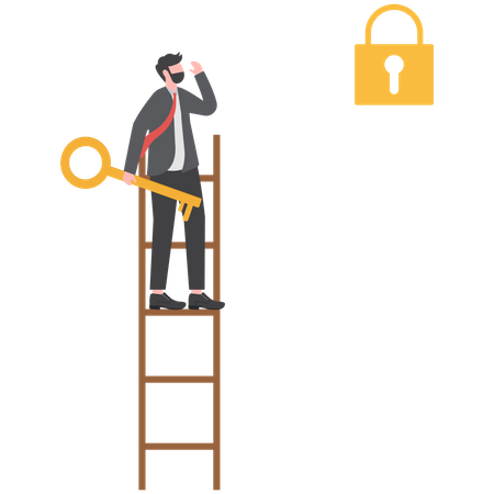 Businessman with key thinking unlock on ladder far from lock  Illustration