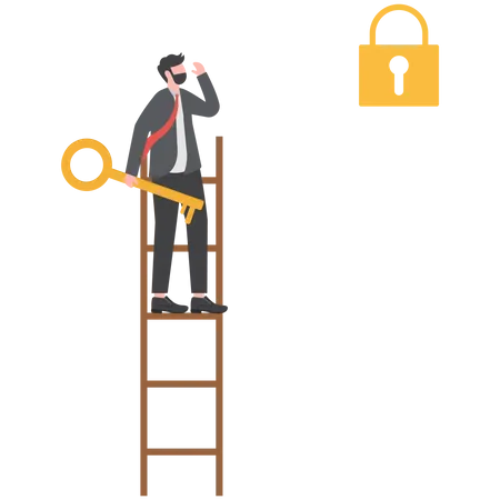 Businessman with key thinking unlock on ladder far from lock  Illustration