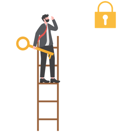 Businessman with key thinking unlock on ladder far from lock  Illustration