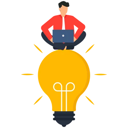 Businessman with laptop on light bulb Invent and discover new knowledge  Illustration