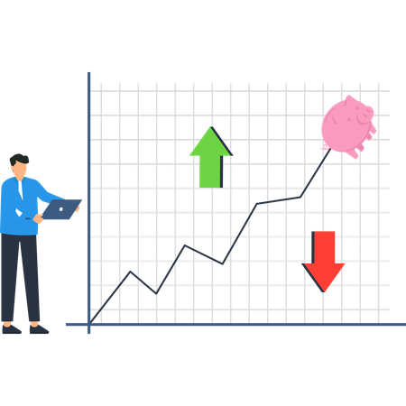ノートパソコンの貯金箱を持つビジネスマン、グラフ上の上昇傾向と下降矢印  イラスト