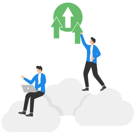 Businessman with laptop sitting on the cloud and Backup Upload data  Illustration