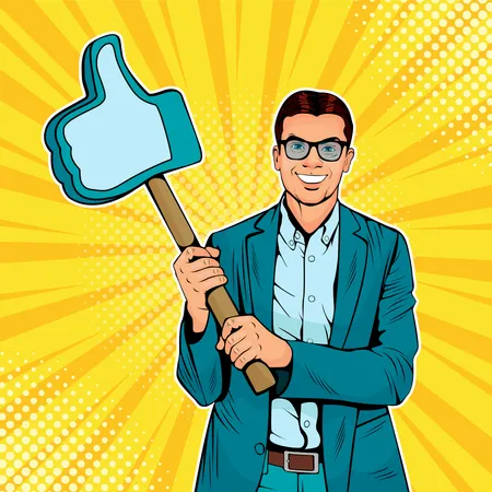 Businessman with like gesture on wooden stick. Colorful vector illustration in pop art retro comic style.  Illustration