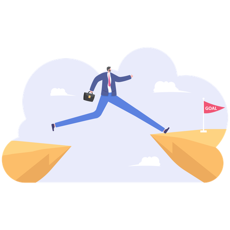 Businessman with long leg across the cliff  イラスト