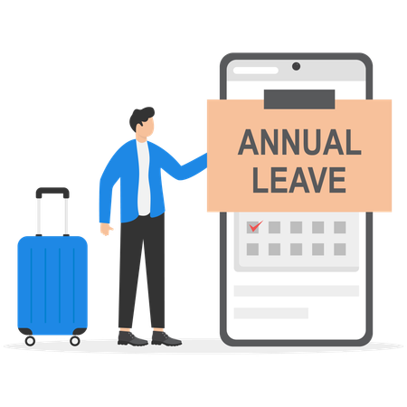 Businessman with luggage standing next mobile phone with planner app  Illustration