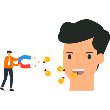 Businessman with Magnet Attracting Light Bulbs Innovation  Illustration