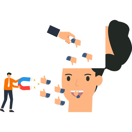 Businessman with Magnet Pulling Likes and Thumbs Up  Illustration