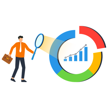 Businessman with magnification on economic cycle diagram  Illustration