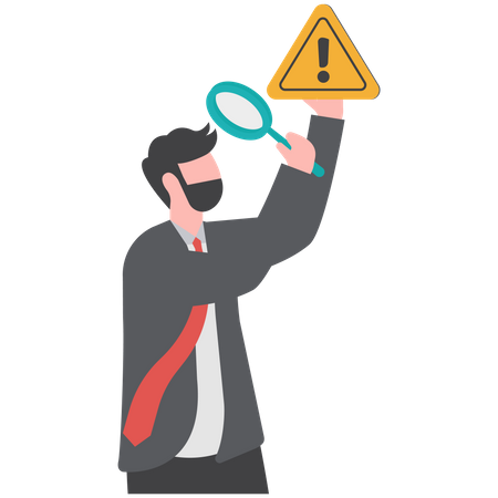 Businessman with magnifier monitor and investigate incident with exclamation attention sign  Illustration