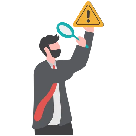 Incident Management Root Cause Analysis Or Solving Problem Identify Risk Or Critical Failure Concept Businessman With Magnifier Monitor And Investigate Incident With Exclamation Attention Sign 일러스트레이션