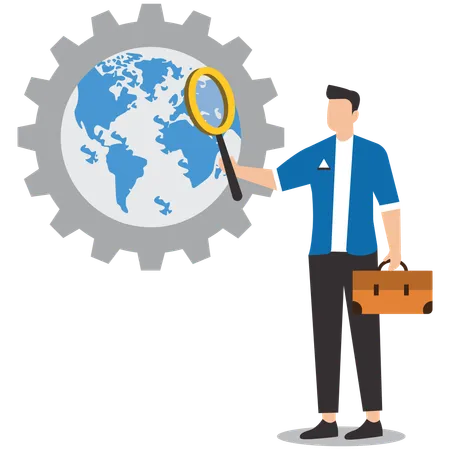 Businessman with magnifying glass analyzing business in global economy  Illustration