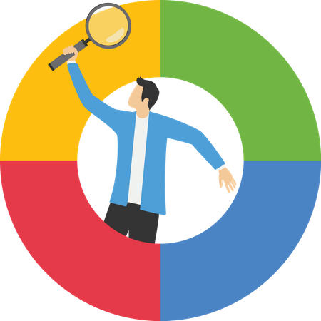 Businessman with magnifying glass analyzing pie chart data  Illustration