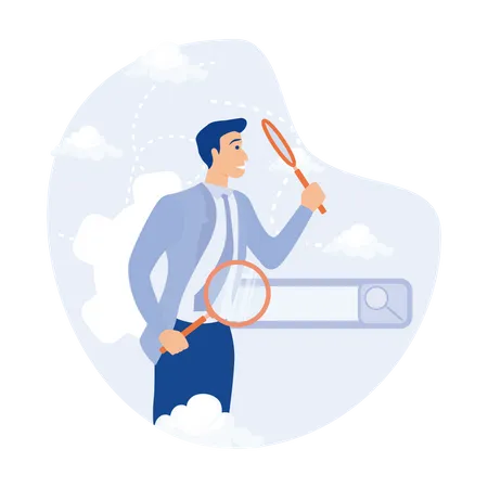 Businessman with magnifying glass discover new websites from search box  Illustration