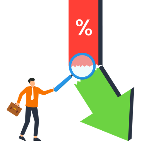 Businessman with Magnifying Glass Examining Percentage Drop  Illustration