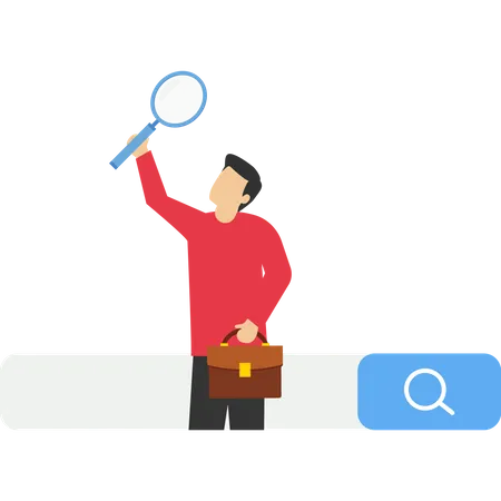 Search Engine Optimization Find Information Search Discover Or Research SEO New Job Or Explore Website Concept Businessman With Magnifying Glass Find New Website From Search Box Illustration