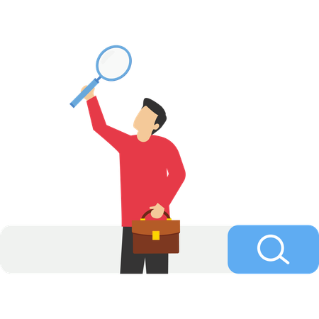 Businessman with magnifying glass find new website from search box  Illustration