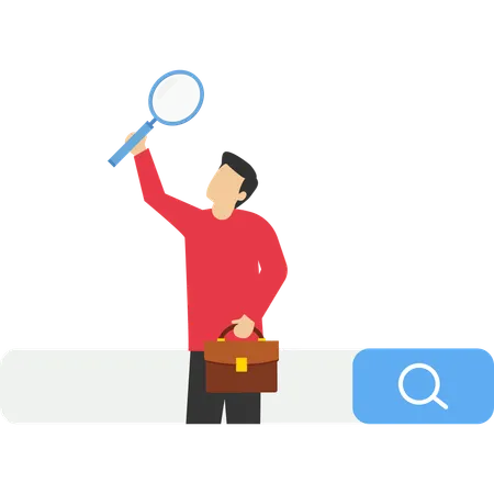 Businessman with magnifying glass find new website from search box  Illustration